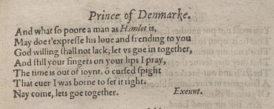 Q2 Second Quarto 1604/5: end of the scene showing Hamlet's final couplet and the transition to Act 2