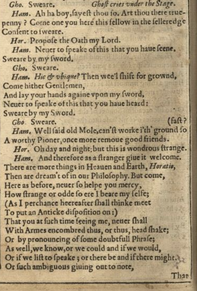 F1 First Folio 1623: first page of the swearing scene, showing the two-column Folio layout