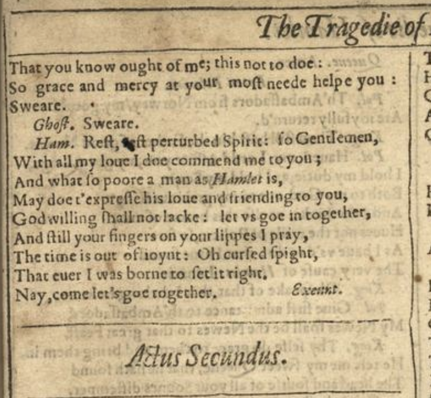F1 First Folio 1623: second page showing the end of the scene and the transition to Actus Secundus