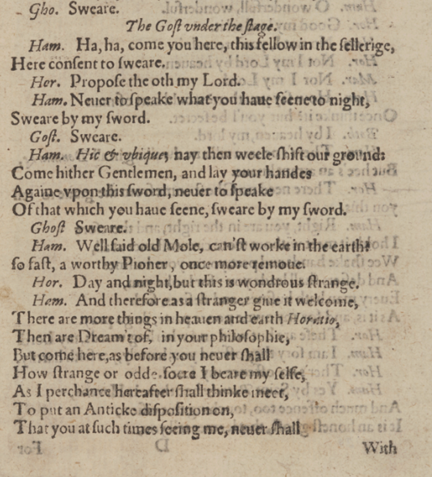 Q1 First Quarto 1603: first page of the swearing scene (TLN 845-887)
